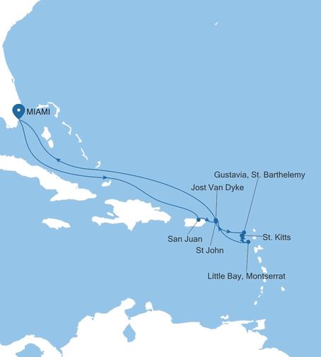 Silver Shadow Eastern Caribbean Featuring St. Barts & Montserrat voyage SS261107011 itinerary map