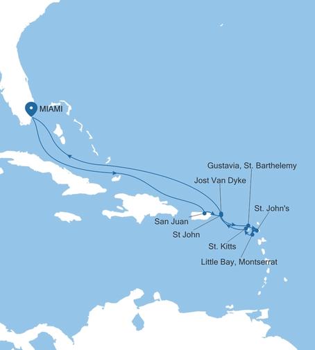 Silver Shadow Eastern Caribbean Featuring St. Barts & Montserrat voyage SS261118012 itinerary map