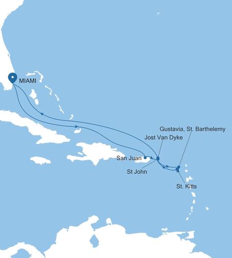 Silver Shadow Eastern Caribbean Featuring St. Barts & St. Kitts voyage SS261130010 itinerary map