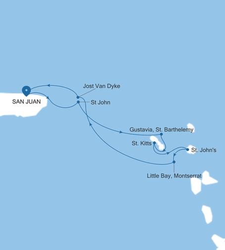 Silver Shadow Eastern Caribbean Featuring St. Barts & Montserrat voyage SS270226007 itinerary map
