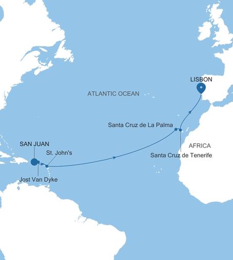 Silver Shadow Transatlantic Crossing Featuring the Caribbean & Spain voyage SS270309014 itinerary map