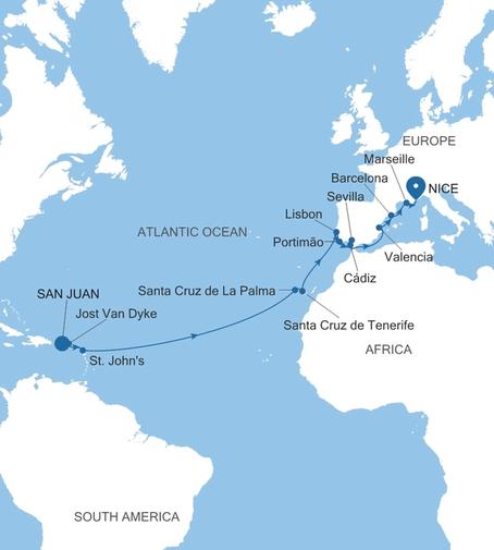Silver Shadow Transatlantic Crossing Featuring the Caribbean & Spain voyage SS270309C23 itinerary map