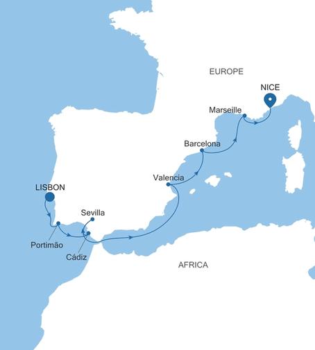Silver Shadow Spain Featuring Seville & Valencia voyage SS270323009 itinerary map
