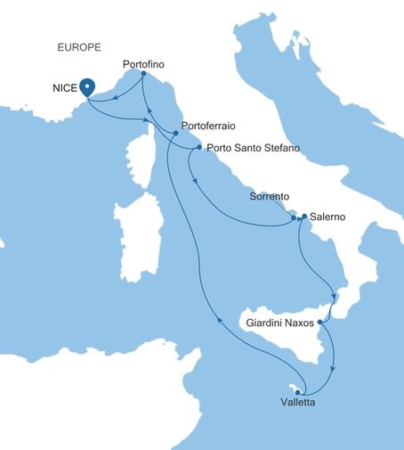 Silver Shadow Italy Featuring Sicily & Portofino voyage SS270706009 itinerary map
