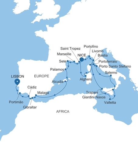 Silver Shadow France, Italy & Spain Featuring Sicily voyage SS270728C24 itinerary map