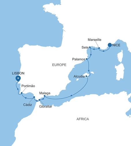 Silver Shadow France, Spain & Portugal Featuring Mallorca voyage SS270811010 itinerary map