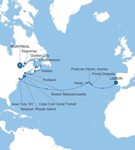 Silver Shadow Transatlantic Crossing Featuring Canada & New England voyage SS270821C23 itinerary map