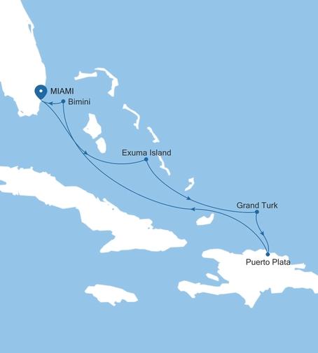 Silver Shadow The Bahamas Featuring Grand Turk & Exuma voyage SS271217007 itinerary map