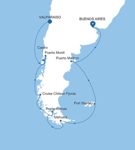 Silver Shadow Chile, Argentina & the Falklands Featuring Chilean Fjords voyage SS280129017 itinerary map