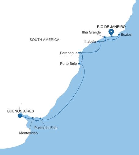 Silver Shadow Brazil & Uruguay Featuring the Rio Carnival voyage SS280215012 itinerary map