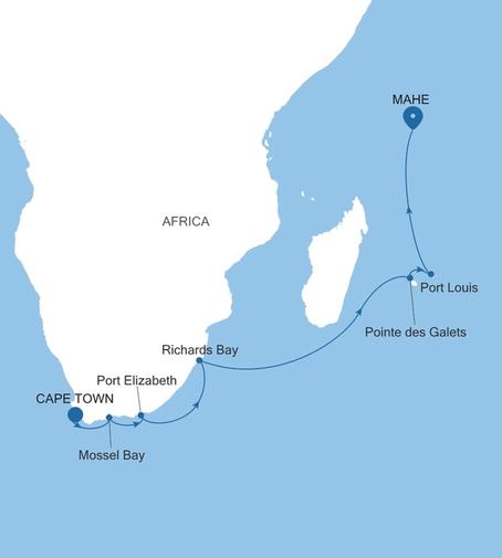 Silver Shadow South Africa, Reunion & Mauritius Featuring Port Elizabeth voyage SS280317016 itinerary map