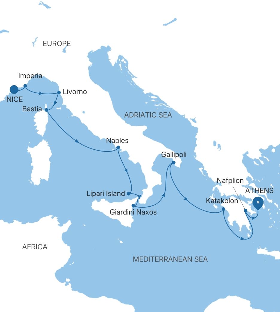 Silver Shadow Italy & Greece Featuring Sicily voyage SS280516012 itinerary map