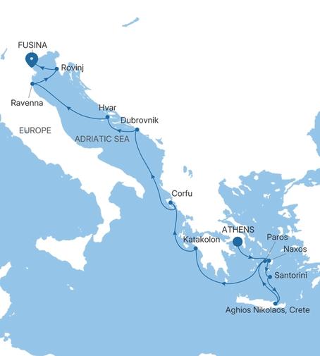 Silver Shadow Greece & Croatia Featuring Santorini voyage SS280609012 itinerary map