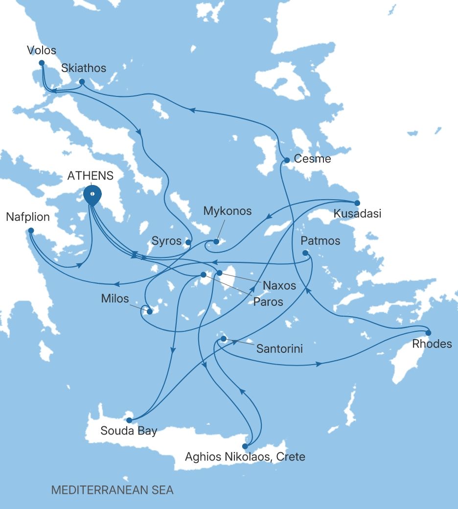 Silver Shadow Athens (Piraeus) to Athens (Piraeus) voyage SS280627C18 itinerary map
