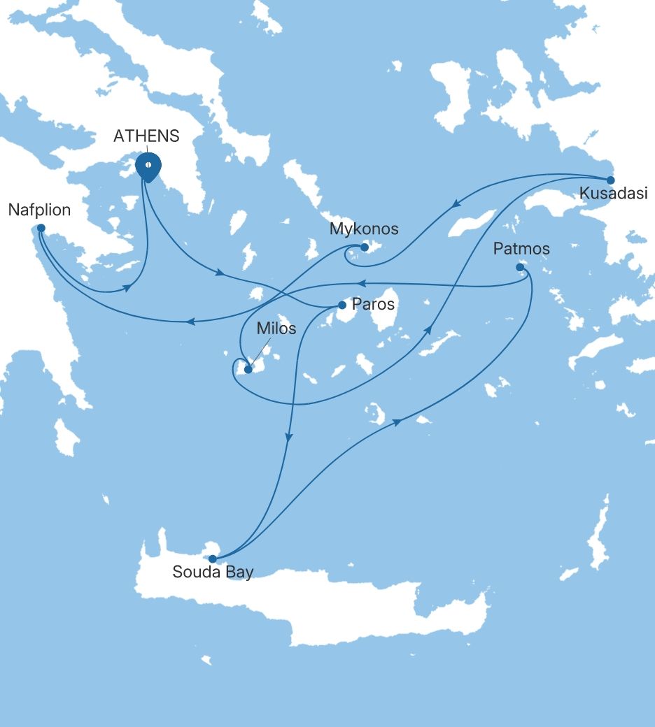 Silver Shadow Athens (Piraeus) to Athens (Piraeus) voyage SS280707008 itinerary map