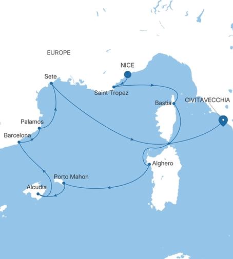 Silver Shadow France & Spain Featuring Mallorca voyage SS280820010 itinerary map