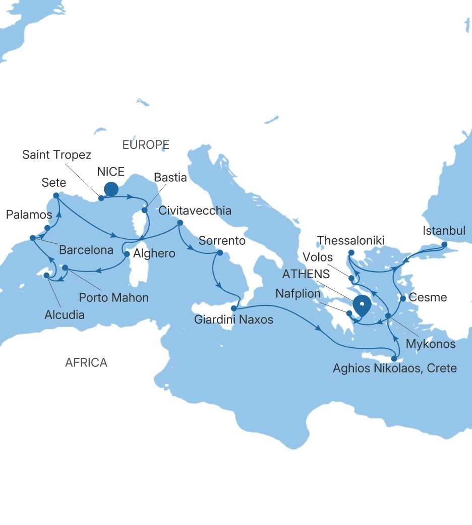 Silver Shadow Spain, Italy & Greece Featuring Istanbul voyage SS280820C24 itinerary map