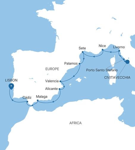 Silver Shadow Italy, France & Spain Featuring Valencia voyage SS281112012 itinerary map