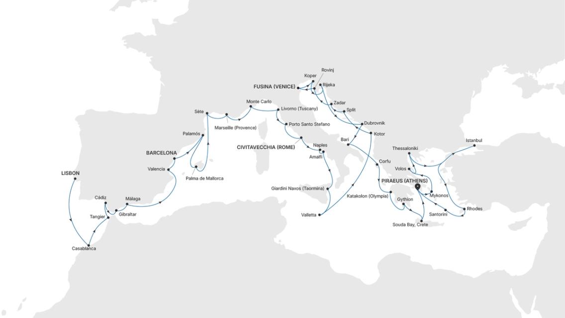 Silver Spirit Grand Mediterranean voyage SL260918050 itinerary map