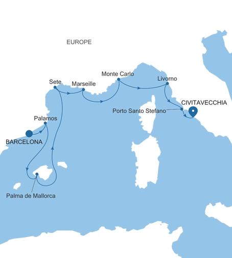 Silver Spirit Spain, the French Riviera & Italy Featuring Tuscany voyage SL260928010 itinerary map