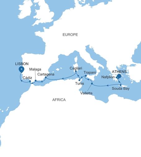 Silver Spirit Greece, Malta & Spain Featuring Sicily voyage SL261107015 itinerary map