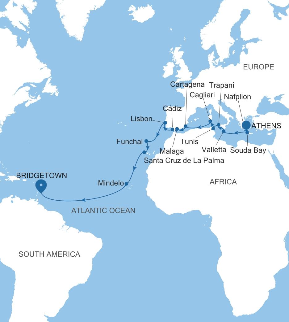 Silver Spirit Transatlantic Crossing Featuring Greece & Spain voyage SL261107C28 itinerary map