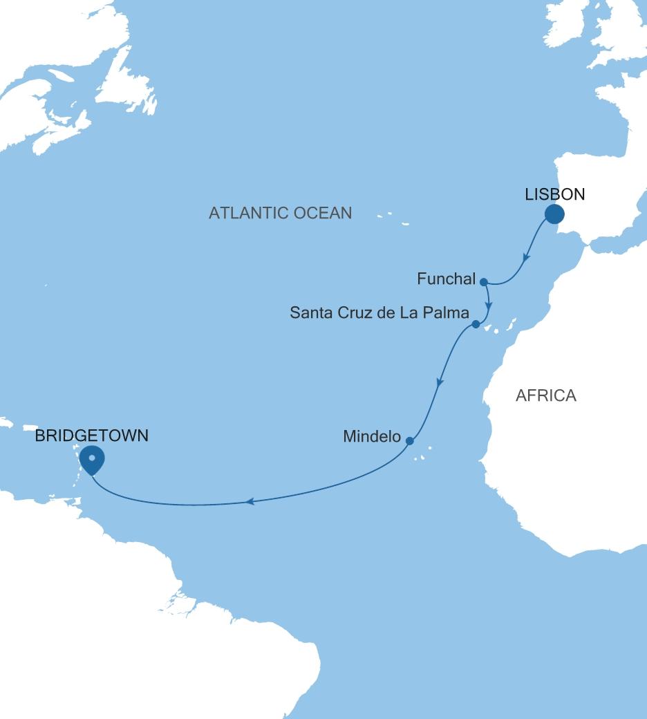 Silver Spirit Transatlantic Crossing Featuring Portugal & Spain voyage SL261122013 itinerary map