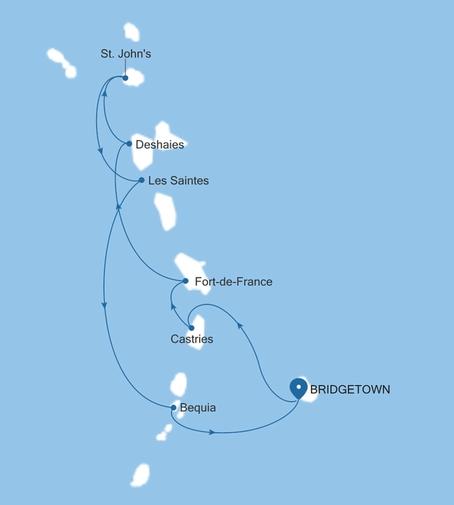Silver Spirit Southern Caribbean Featuring St. Lucia & Dominica voyage SL261212007 itinerary map