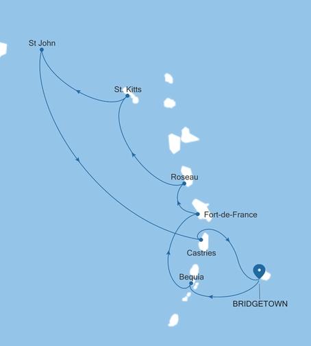 Silver Spirit Southern Caribbean Featuring St. Lucia & Bequia voyage SL261219008 itinerary map