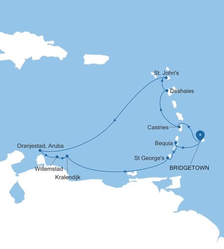 Silver Spirit Southern Caribbean Featuring Aruba & St. Lucia voyage SL270104011 itinerary map