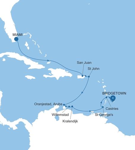 Silver Spirit Southern Caribbean Featuring Aruba & St. Lucia voyage SL270206012 itinerary map