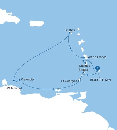 Silver Spirit Southern Caribbean Featuring St. Lucia & Bequia voyage SL270218010 itinerary map