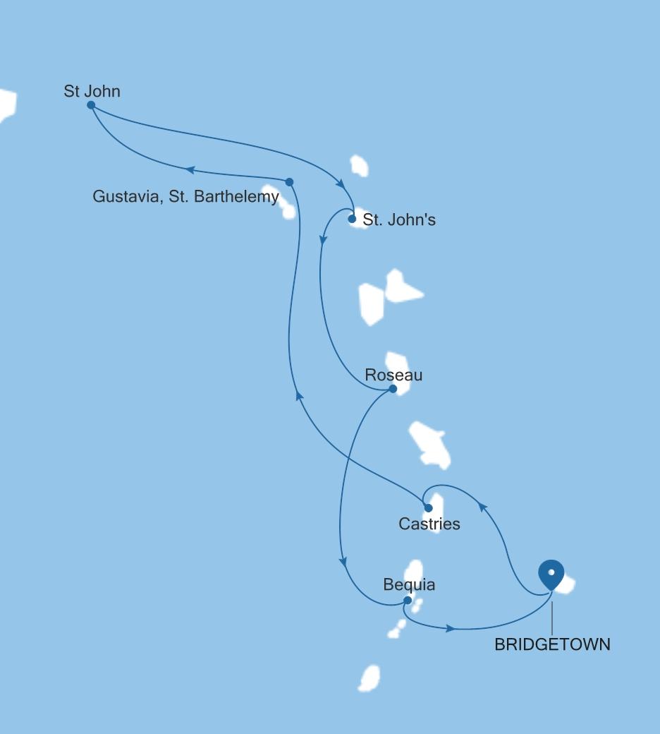 Silver Spirit Southern Caribbean Featuring St. Barts & St. Lucia voyage SL270228007 itinerary map