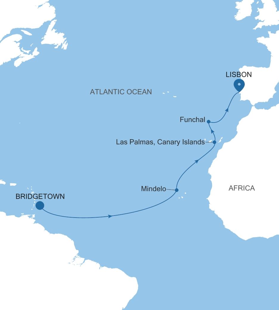 Silver Spirit Transatlantic Crossing Featuring Spain & Portugal voyage SL270331013 itinerary map