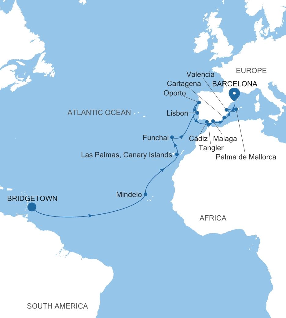 Silver Spirit Transatlantic Crossing Featuring Portugal & Spain voyage SL270331C23 itinerary map