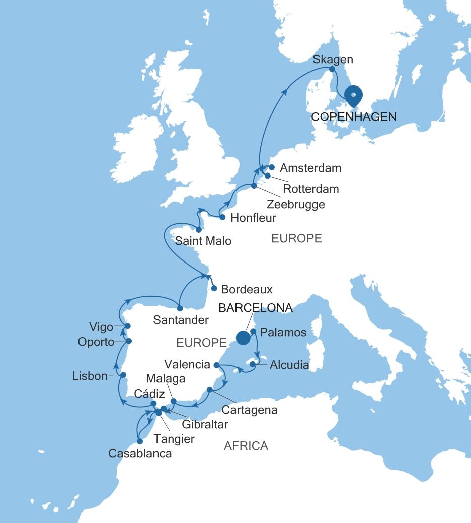 Silver Spirit Spain, France & the Netherlands Featuring Bordeaux voyage SL270423C28 itinerary map