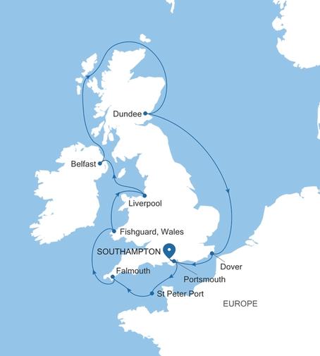 Silver Spirit The British Isles Featuring Liverpool voyage SL270709012 itinerary map