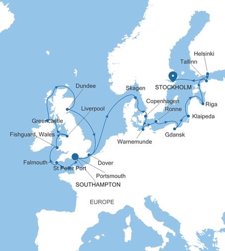 Silver Spirit The British Isles & the Baltic Featuring Denmark voyage SL270709C24 itinerary map