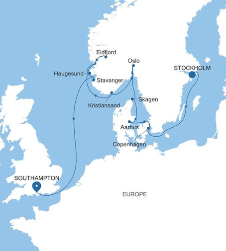 Silver Spirit Norwegian Fjords & Denmark Featuring Oslo voyage SL270802012 itinerary map