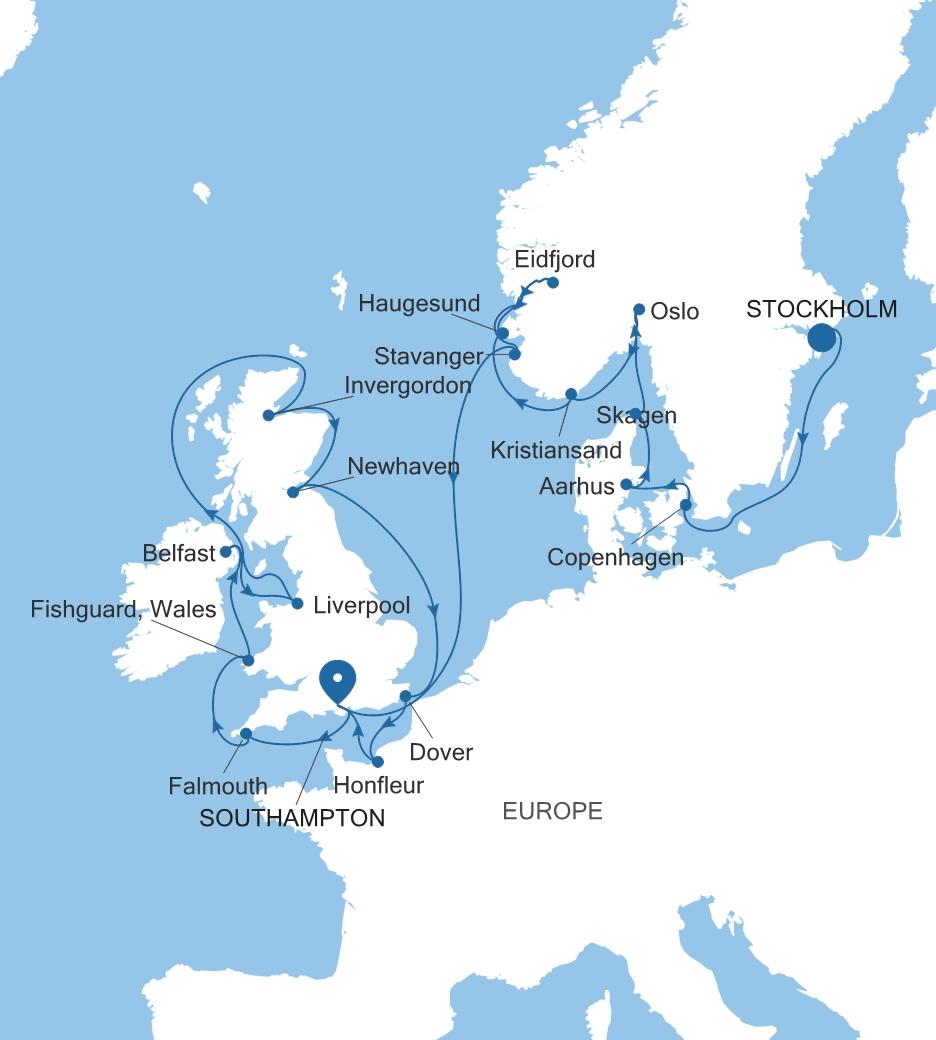 Silver Spirit Norwegian Fjords & the British Isles Featuring Denmark voyage SL270802C23 itinerary map