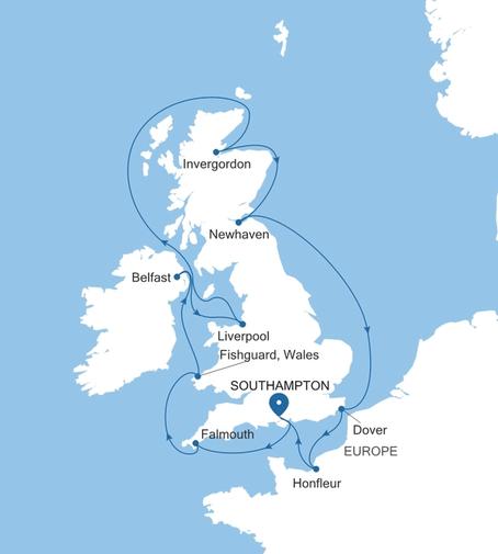 Silver Spirit The British Isles Featuring the Edinburgh Military Tattoo voyage SL270814011 itinerary map