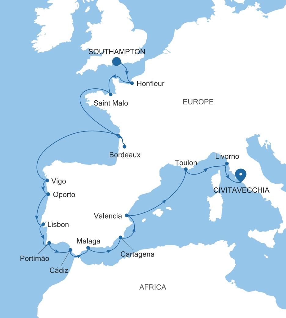 Silver Spirit France, Portugal & Spain Featuring the Autumn Grape Harvest voyage SL270825C21 itinerary map