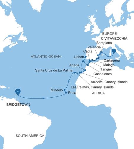 Silver Spirit Transatlantic Crossing Featuring Spain & Cape Verde voyage SL271122C25 itinerary map
