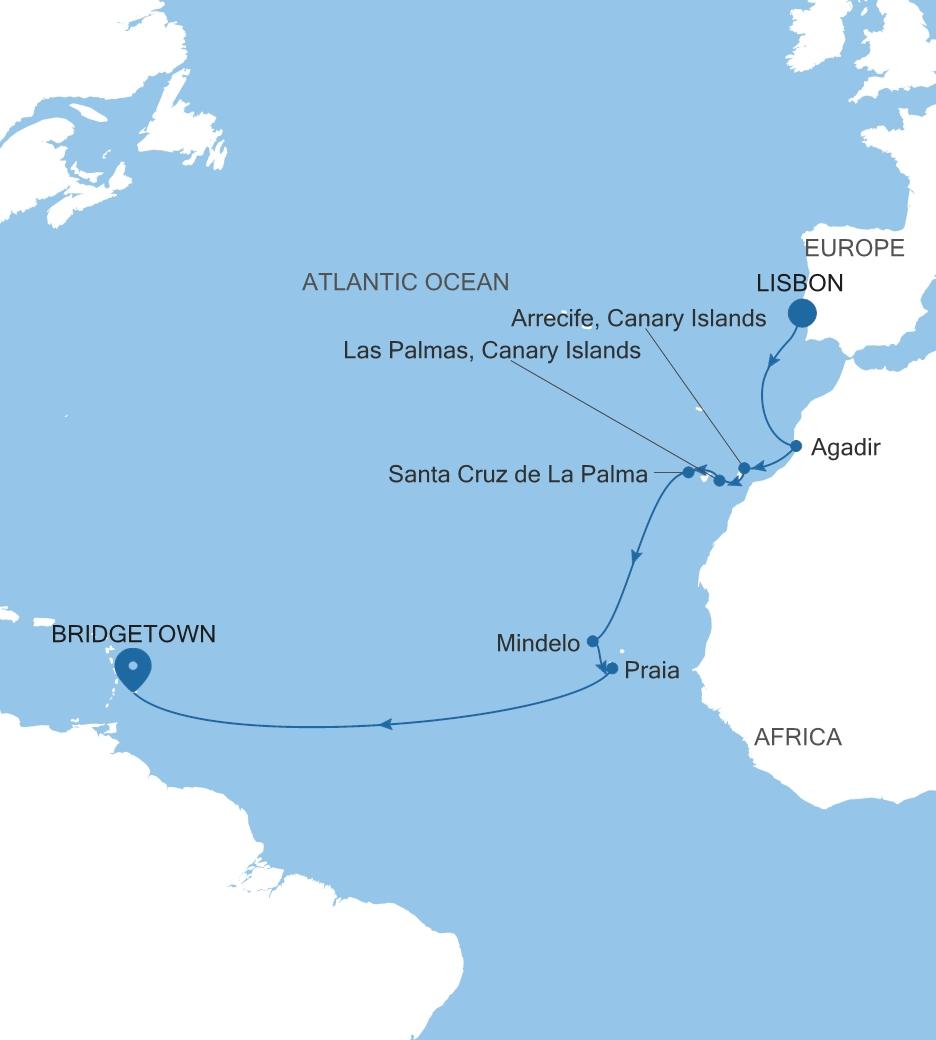 Silver Spirit Transatlantic Crossing Featuring Spain & Cape Verde voyage SL271202015 itinerary map