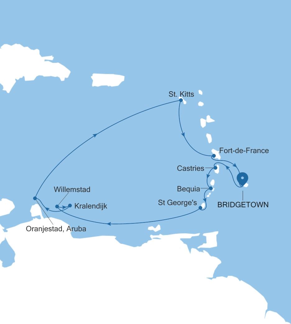 Silver Spirit Southern Caribbean Featuring Aruba & St. Lucia voyage SL271217011 itinerary map