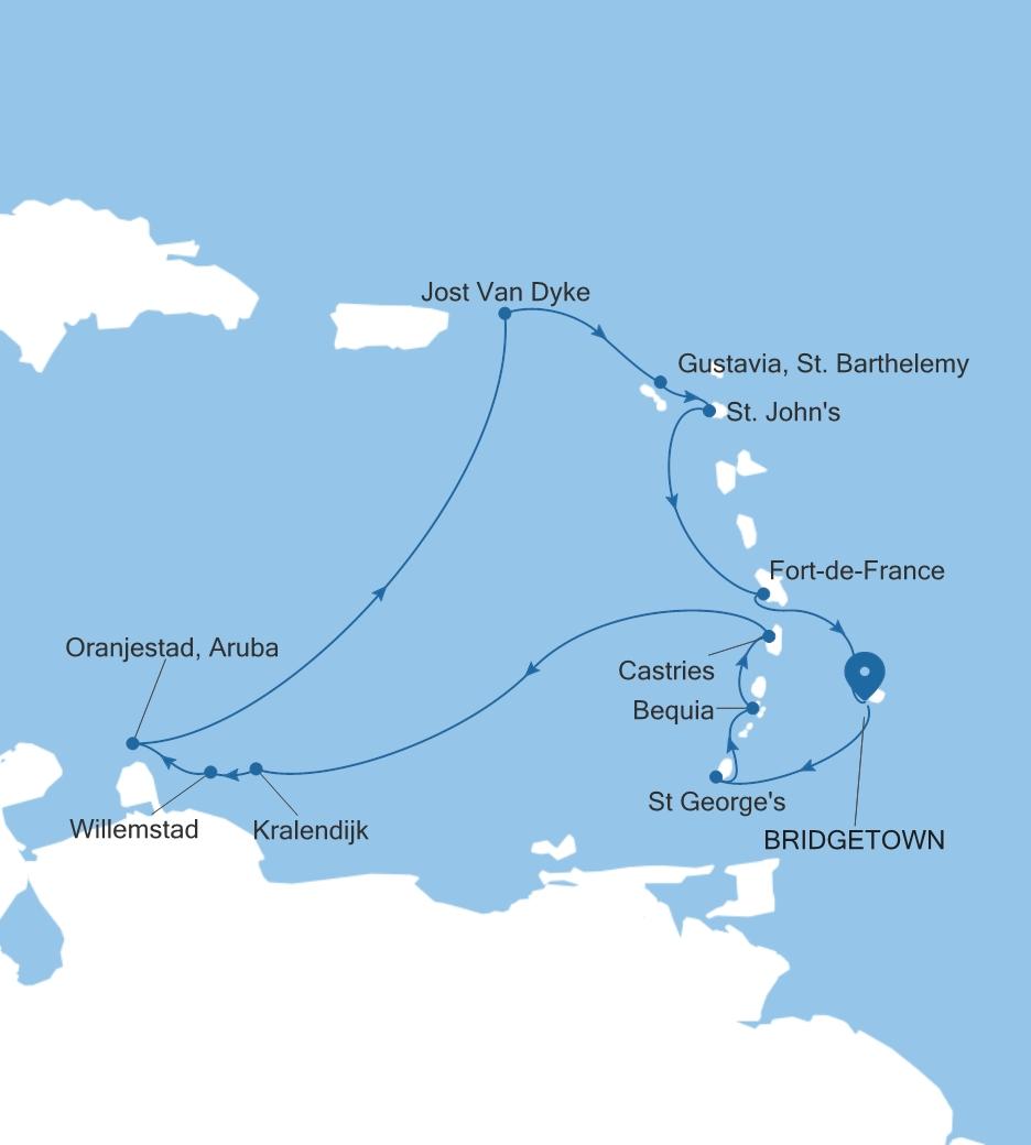 Silver Spirit Southern Caribbean Featuring Aruba & St. Barts voyage SL271228013 itinerary map