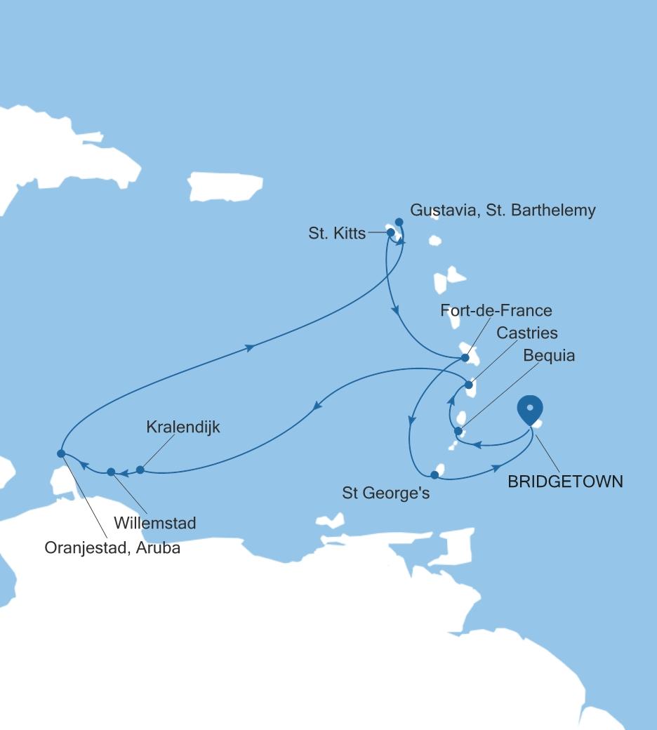 Silver Spirit Southern Caribbean Featuring Aruba & St. Barts voyage SL280110012 itinerary map