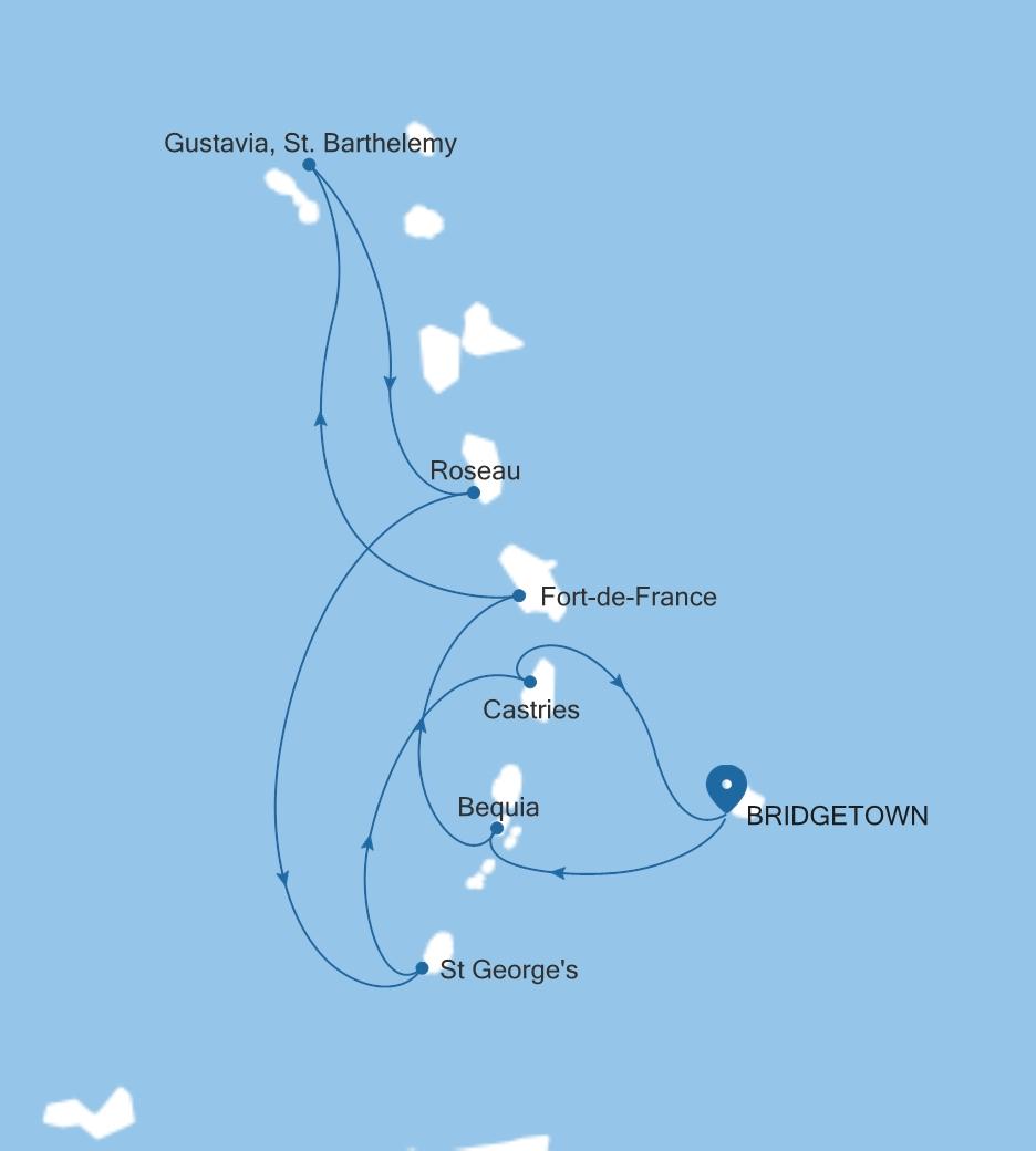 Silver Spirit Southern Caribbean Featuring St. Lucia & Grenada voyage SL280129007 itinerary map