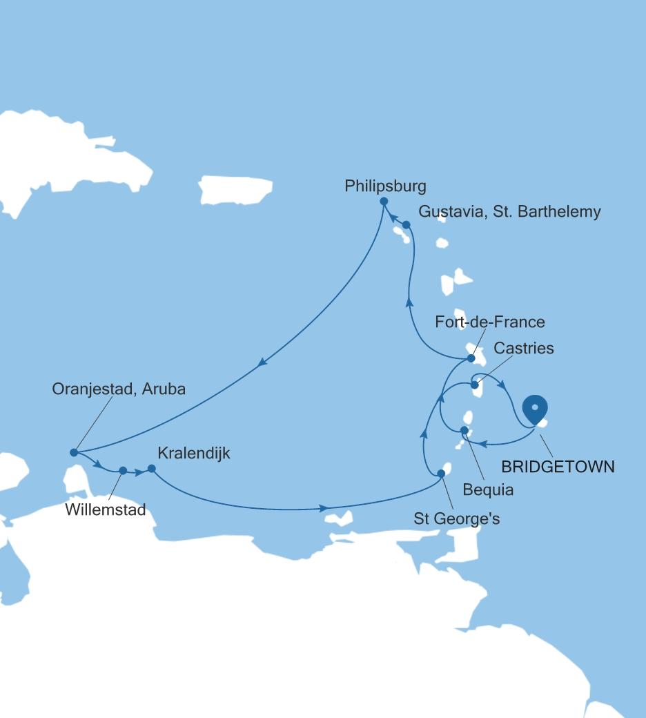 Silver Spirit Southern Caribbean Featuring Aruba & St. Barts voyage SL280205012 itinerary map