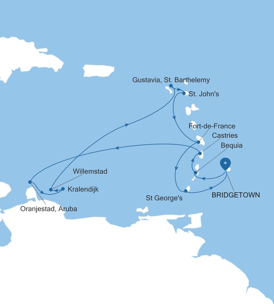 Silver Spirit Southern Caribbean Featuring Aruba & St. Barts voyage SL280217012 itinerary map